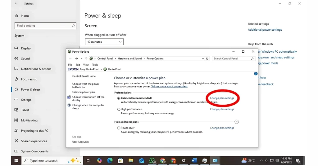 আগের ধাপ অনুসরন করে “Power Option” এ যান। এখান থেকে “Change plan settings” এ ক্লিক করলে নতুন একটা উইন্ডো ওপেন হবে।